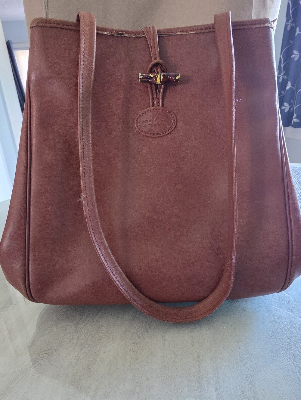 Longchamps Roseau Brown Saddle Leather tote Bag With Bamboo Style Toggle Closure